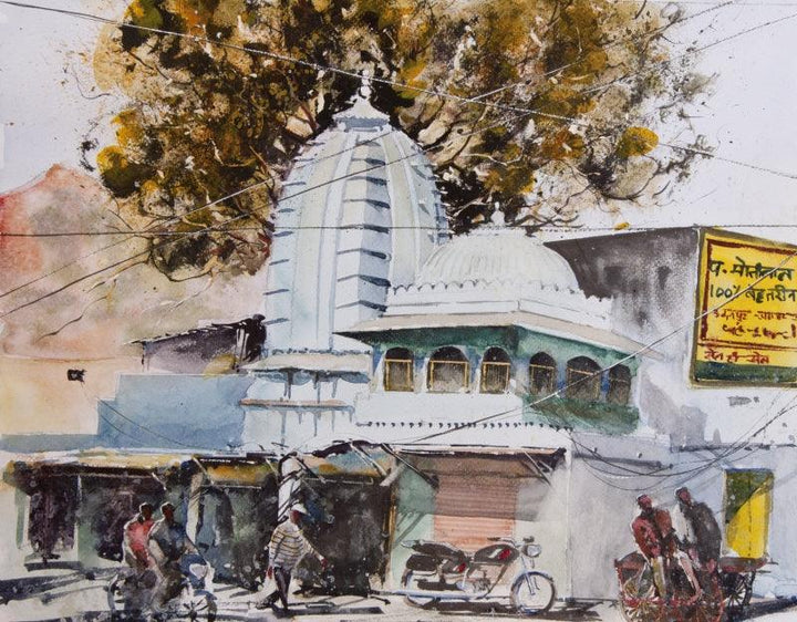 Cityscape watercolor painting titled 'Streets of Udaipur', 16x12 inches, by artist Mrutyunjaya Dash on Paper