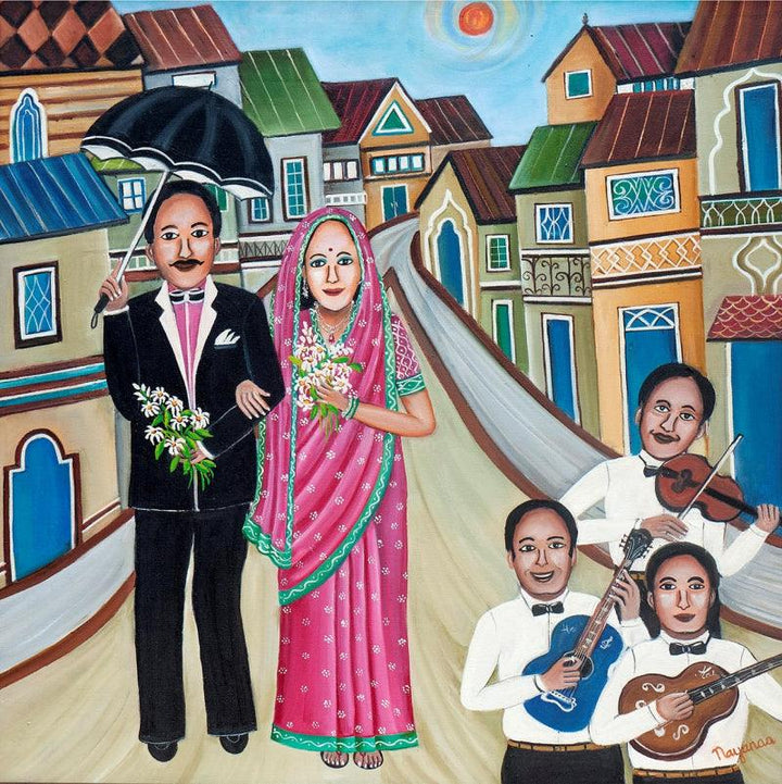 Figurative oil painting titled 'Stroll Down The Memory Lane', 30x30 inches, by artist Nayanaa Kanodia on Canvas