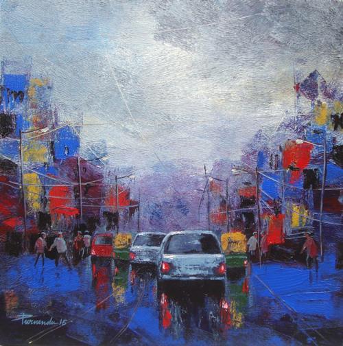 Cityscape acrylic painting titled 'Strom In City', 18x18 inches, by artist Purnendu Mandal on Canvas