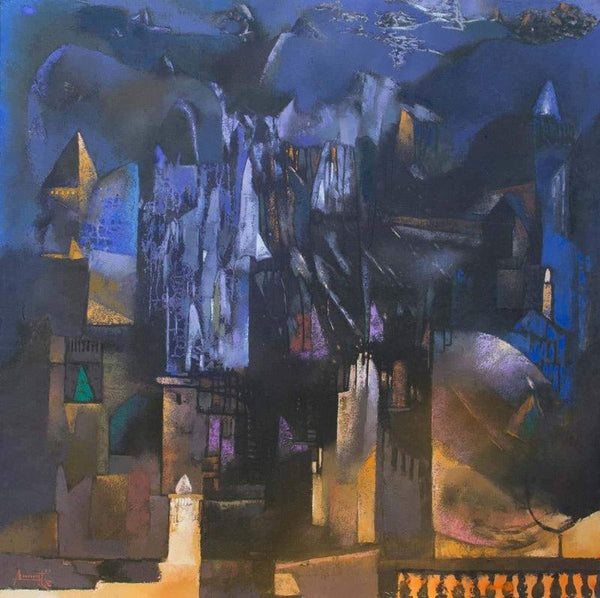 Cityscape oil painting titled 'Structure 2', 60x60 inches, by artist Somenath Maity on Canvas