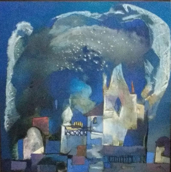 Cityscape oil painting titled 'Structure 3', 50x50 inches, by artist Somenath Maity on Canvas