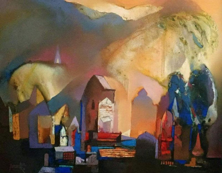 Cityscape oil painting titled 'Structure 5', 40x50 inches, by artist Somenath Maity on Canvas