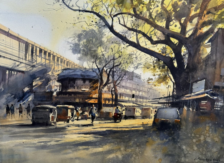 Cityscape watercolor painting titled 'Sub Khar Road Station West', 22x30 inch, by artist Nanasaheb Yeole on Paper