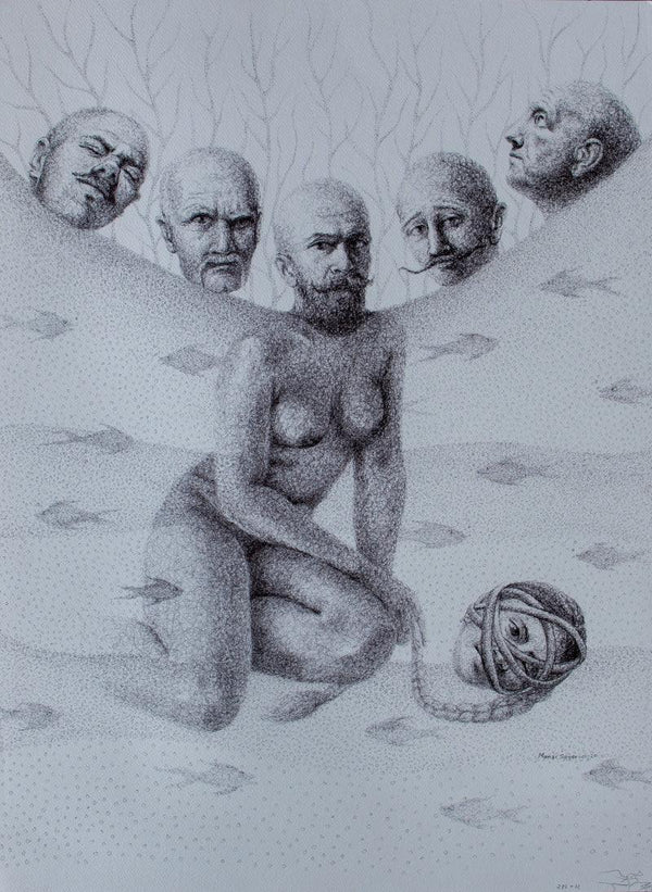 Nude pen drawing titled 'Subconcious', 28x22 inches, by artist Mansi Sagar on Paper