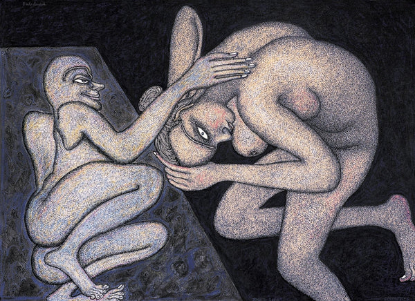 Nude serigraphs painting titled 'Subdued', 22x30 inch, by artist Jogen Chowdhury on Paper