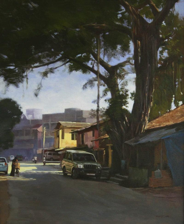 Cityscape acrylic painting titled 'Sublime Tree', 36x30 inches, by artist Manoj Deshmukh on Canvas