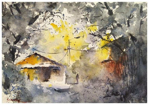 Landscape watercolor painting titled 'Subtle Colors Brick house', 14x10 inches, by artist Soven Roy on Handmade Paper