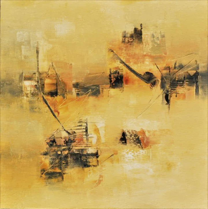 Abstract acrylic painting titled 'Subtle Ochre', 24x24 inches, by artist Raju Durshettiwar on Canvas