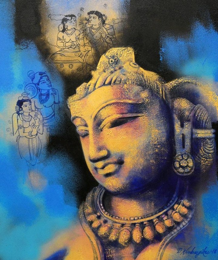 Religious acrylic painting titled 'Sukanya', 36x30 inches, by artist Devendra Nimbargikar on Canvas