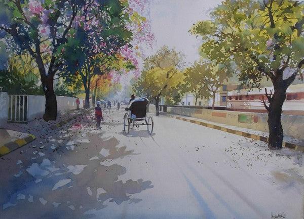 Cityscape watercolor painting titled 'Summer Evening', 11x16 inches, by artist Bijay Biswaal on Paper