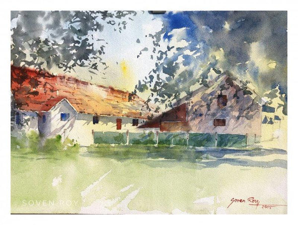 Landscape watercolor painting titled 'Summer Morning 1', 20x14 inches, by artist Soven Roy on Paper