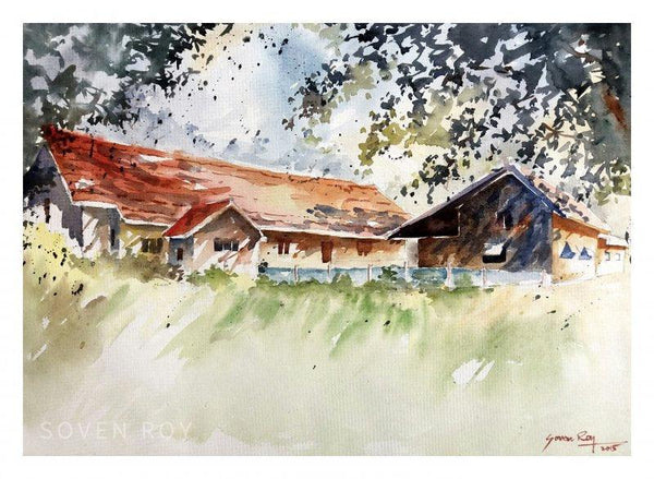 Landscape watercolor painting titled 'Summer Morning 2', 20x14 inches, by artist Soven Roy on Paper