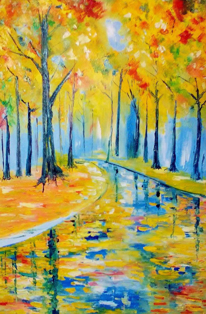 Impressionist oil painting titled 'Summer Woods', 20x14 inches, by artist Kiran Bableshwar on Canvas