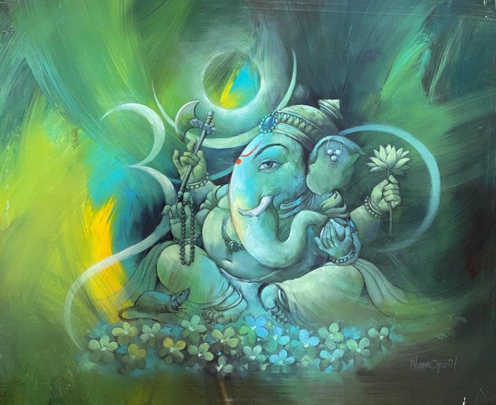 Religious oil painting titled 'Sumukh', 34x42 inch, by artist Namdev M Patil on Canvas