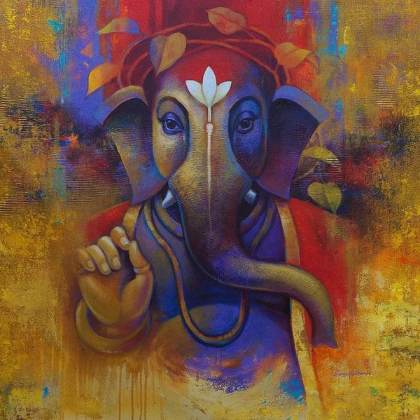 Religious acrylic painting titled 'Sumukh', 36x36 inches, by artist Sanjay Lokhande on Canvas