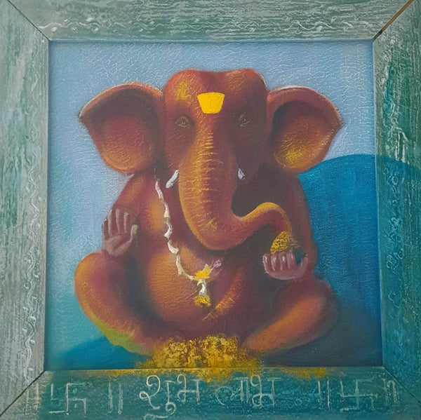 Religious acrylic painting titled 'Sumukha', 12x12 inch, by artist Gopal Pardeshi on Canvas