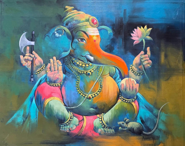 Religious oil painting titled 'Sumukha', 34x42 inch, by artist Namdev M Patil on Canvas