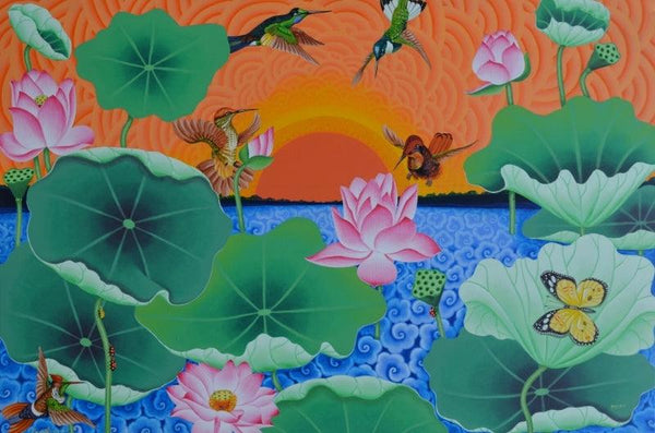 Nature acrylic painting titled 'Sun Bird Are Playing In The Lotus Pond', 48x72 inches, by artist Ramu Das on Canvas