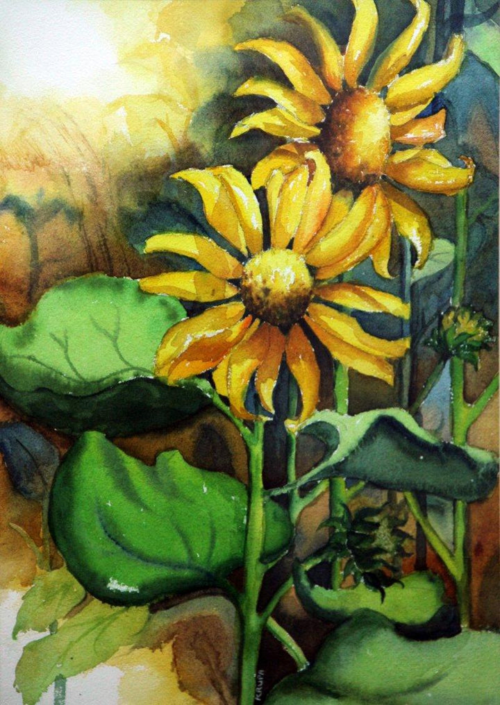 Nature watercolor painting titled 'Sun Flower II', 20x14 inches, by artist Krupa Shah on Paper