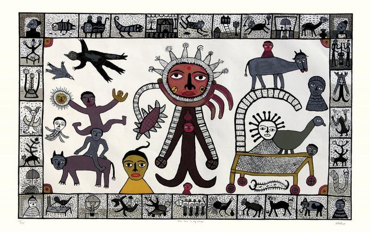 Religious serigraphs painting titled 'Sun God In My Village', 40x64 inches, by artist Madhvi Parekh on Paper