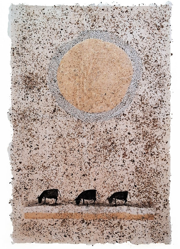 contemporary mixed-media painting titled 'Sun Kissed Grazing', 57x37 inch, by artist Desh Deepak on Cloth