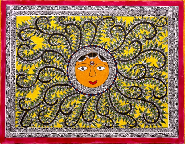 Folk Art madhubani traditional art titled 'Sun Madhubani Painting', 10x13 inches, by artist Kalaviti Arts on Cloth