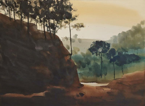 Landscape watercolor painting titled 'Sun Shines On The Pond 2', 22x30 inches, by artist Prashant Prabhu on Arches Paper