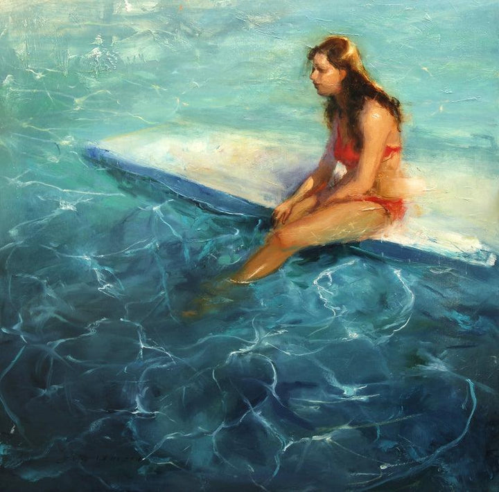 Figurative oil painting titled 'Sunbath', 36x36 inches, by artist Surabhi Gulwelkar on Linen