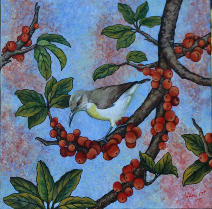 Nature acrylic painting titled 'Sunbird', 15x15 inches, by artist Vani Chawla on canvas