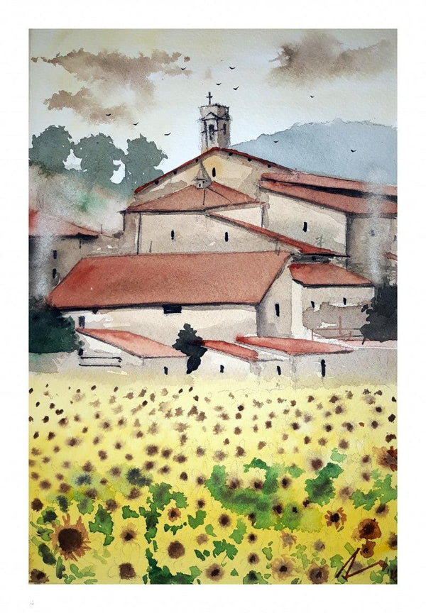 Cityscape watercolor painting titled 'Sunflower At Tuscanny Italy', 7x11 inches, by artist Arunava Ray on Paper