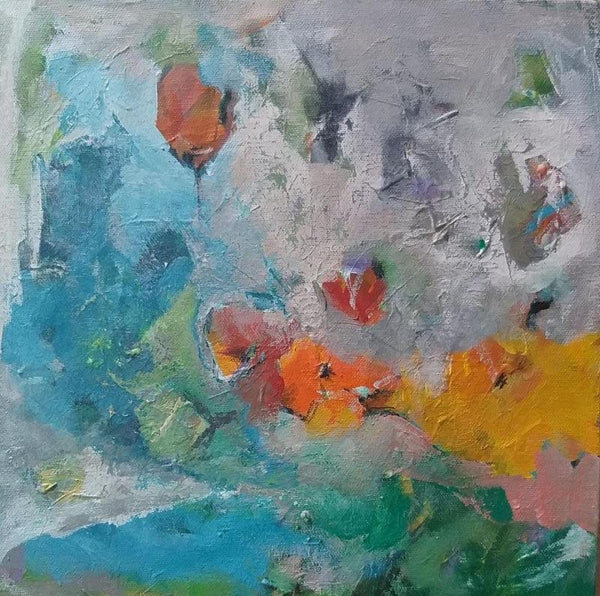 Abstract acrylic painting titled 'Sunflower Bloom', 12x12 inches, by artist Jayshree Savani on Canvas