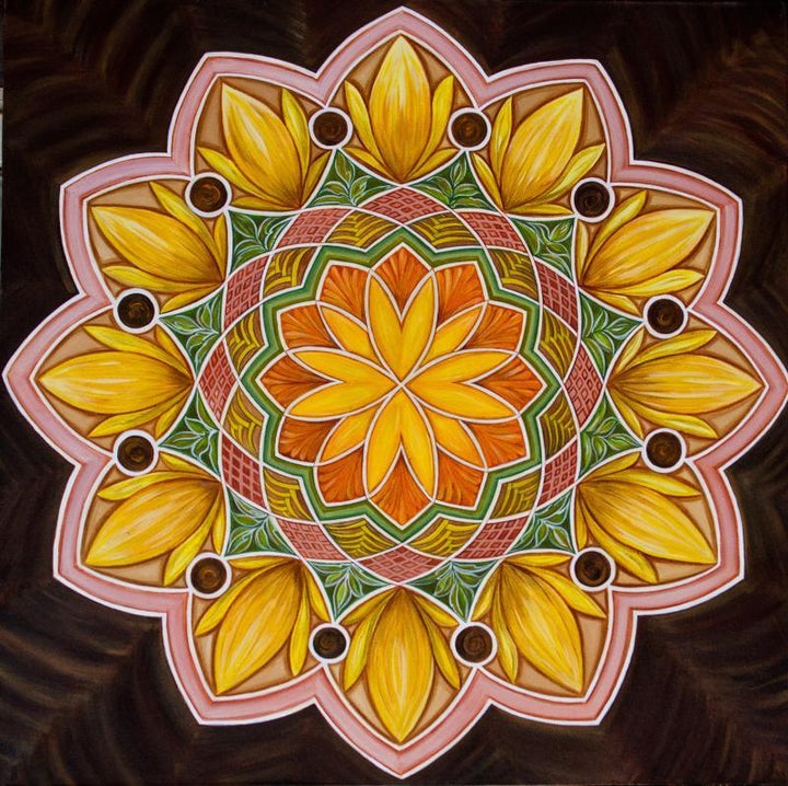 Motivational acrylic painting titled 'Sunflower Mandala', 36x36 inches, by artist Manju Lamba on canvas