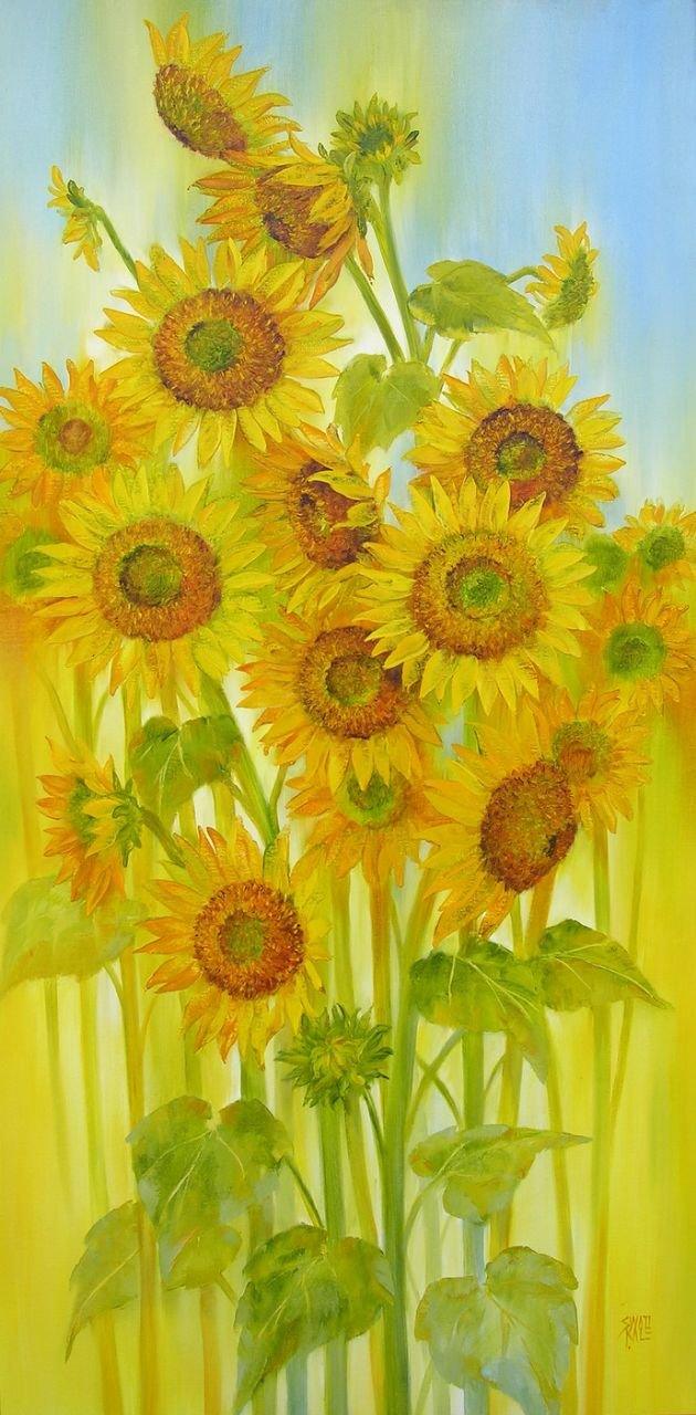 Nature oil painting titled 'Sunflowers', 60x30 inches, by artist Swati Kale on Canvas