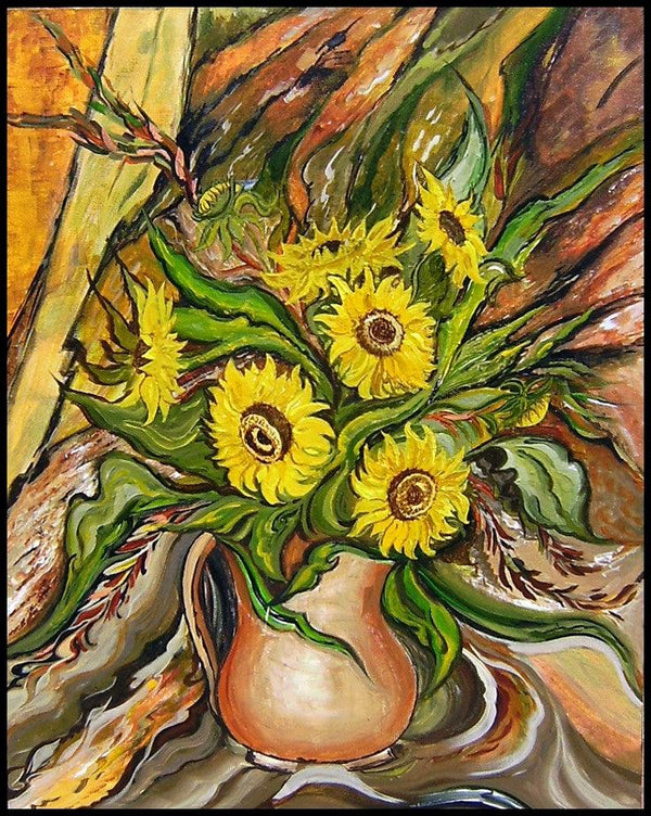 Still-life acrylic painting titled 'Sunflowers in a Vase', 30x24 inches, by artist Manju Lamba on Canvas