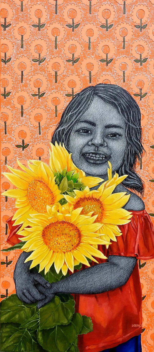 Figurative acrylic oil painting titled 'Sunflowers Spel Joy', 36x16 inches, by artist Deepali S on Canvas