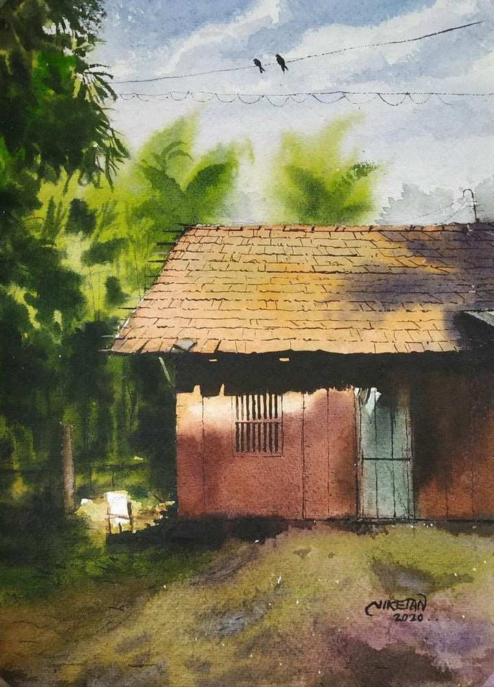 Landscape watercolor painting titled 'Sunlight On Old House', 15x11 inches, by artist Niketan Bhalerao on Watercolour On Paper