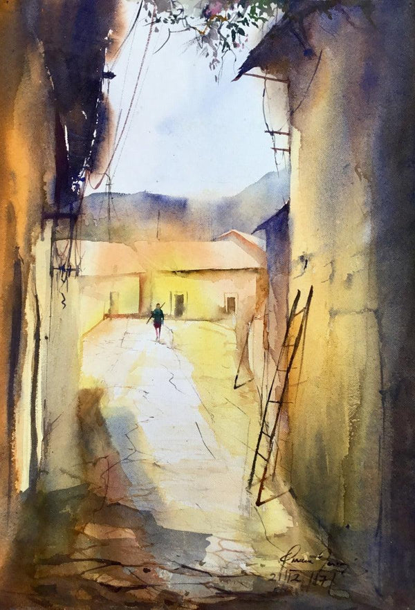 Cityscape watercolor painting titled 'Sunny Outside', 21x14 inches, by artist Mohd Qaseem Farooqui on Paper