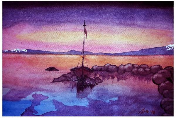 Cityscape watercolor painting titled 'Sunrise At Lake Tahoe Sierra Nevada Cali', 7x11 inches, by artist Arunava Ray on Paper