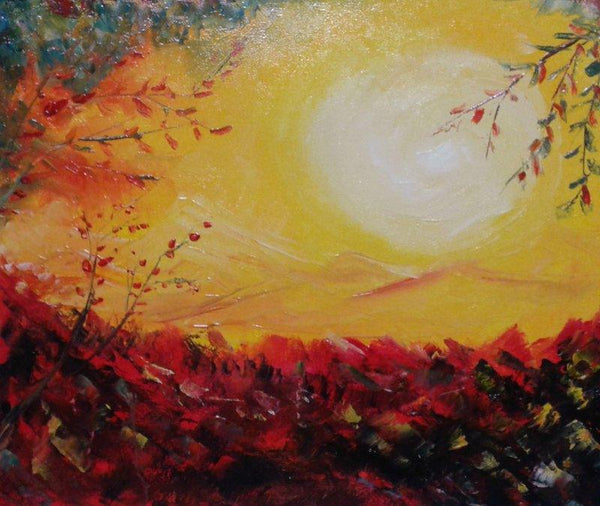 Impressionist oil painting titled 'Sunrise On New Year', 12x13 inches, by artist Kiran Bableshwar on Canvas