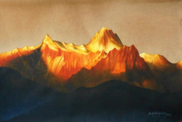 Landscape watercolor painting titled 'Sunrise Over The Kanchenjunga', 16x24 inches, by artist Sudipta Karmakar on Paper