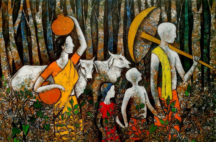 Figurative acrylic painting titled 'Before Sunset', 32x49 inch, by artist Ranjith Raghupathy on Canvas