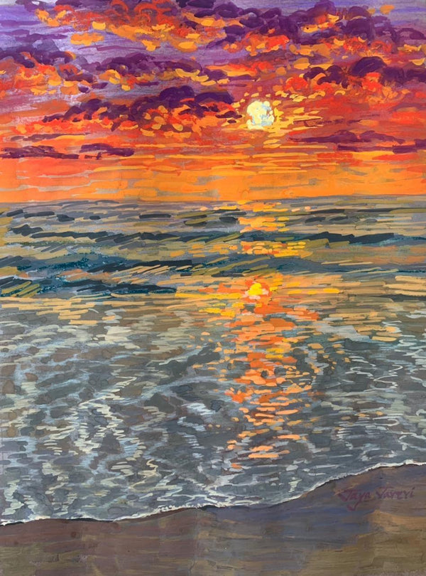 Seascape mixed media painting titled 'Sunset At Beach', 12x9 inches, by artist Jaya Javeri on Paper