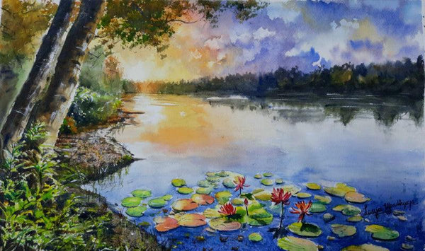 Seascape watercolor painting titled 'Sunsetlilies', 15x22 inches, by artist Lasya Upadhyaya on Paper