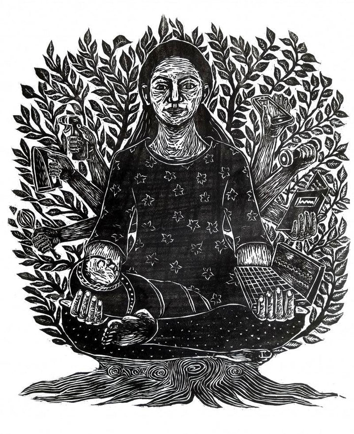 Figurative printmaking titled 'Super Mom 1', 24x20 inches, by artist Nandini Pantawane on Paper