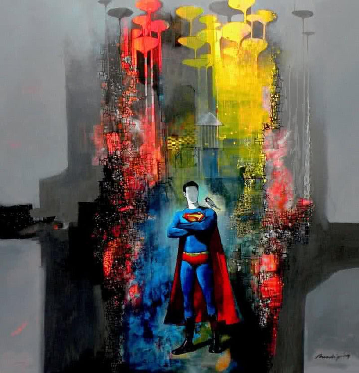 Surrealist acrylic painting titled 'Superman', 48x48 inches, by artist Pradip Sengupta on Canvas