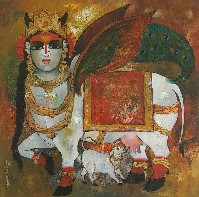 Animals acrylic painting titled 'Surabhi', 24x24 inches, by artist Rajeshwar Nyalapalli on Canvas