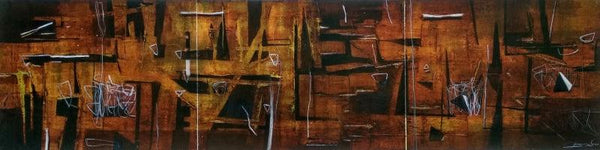 Abstract mixed media painting titled 'Surrounding Ganges At Night', 18x60 inches, by artist Kaushlendra Pratap Singh on Paper