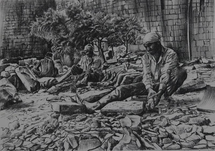 Figurative printmaking titled 'Survivng In The World', 12x17 inches, by artist Sukhmoy Bagh on Paper