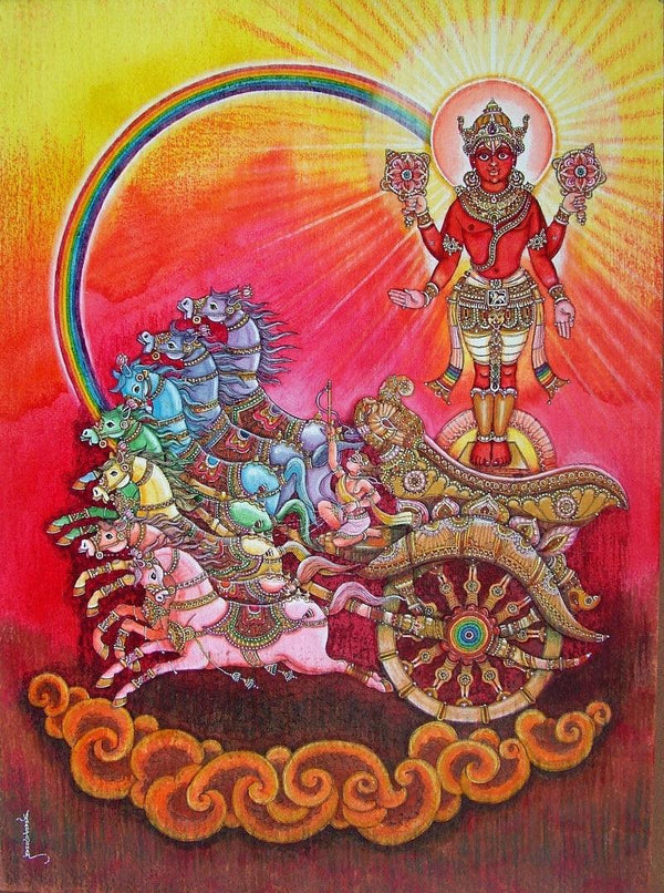 Religious mixed media painting titled 'Suryadev', 29x20 inches, by artist Anand Sonar on Handmade Paper