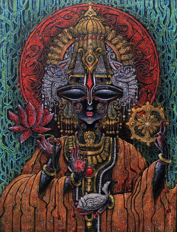 Religious acrylic painting titled 'Swami Narayana', 48x36 inches, by artist Anil K Vishwa on Canvas